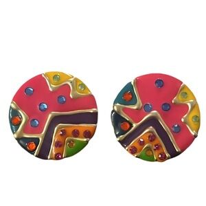 Vintage 80s- 90s Multicolor Geometric Chunky Discs Earrings with Crystal Accents